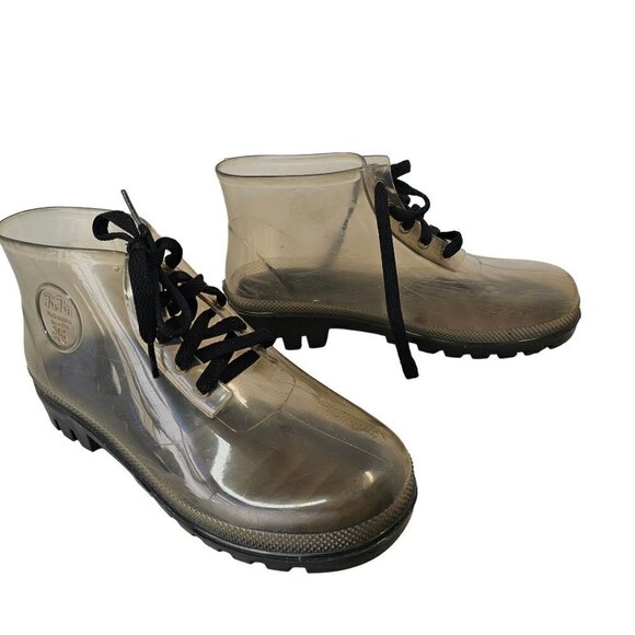 JuJu Clear Rubber Wellies Rain Booties Lace Up Black Tread Womens US 6 UK 4 - Picture 2 of 10